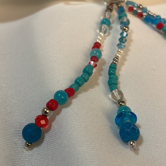 Handmade Turquoise Themed Enhanced Beaded Hair Elastic w Upcycled & New Beads - Picture 3 of 5